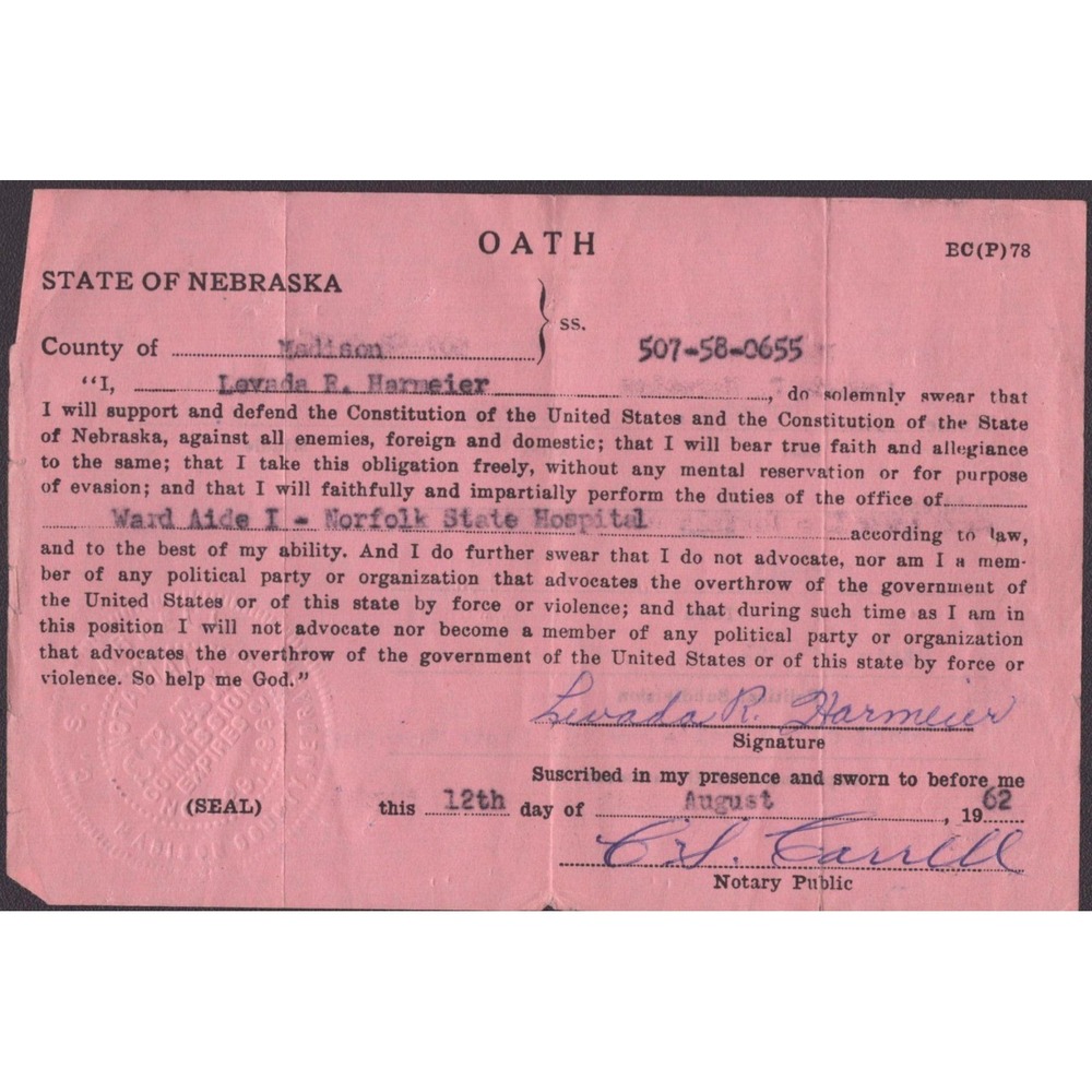 Vintage 1962 Nebraska Loyalty Oath Norfolk State Hospital Ward Aide Signed Pink